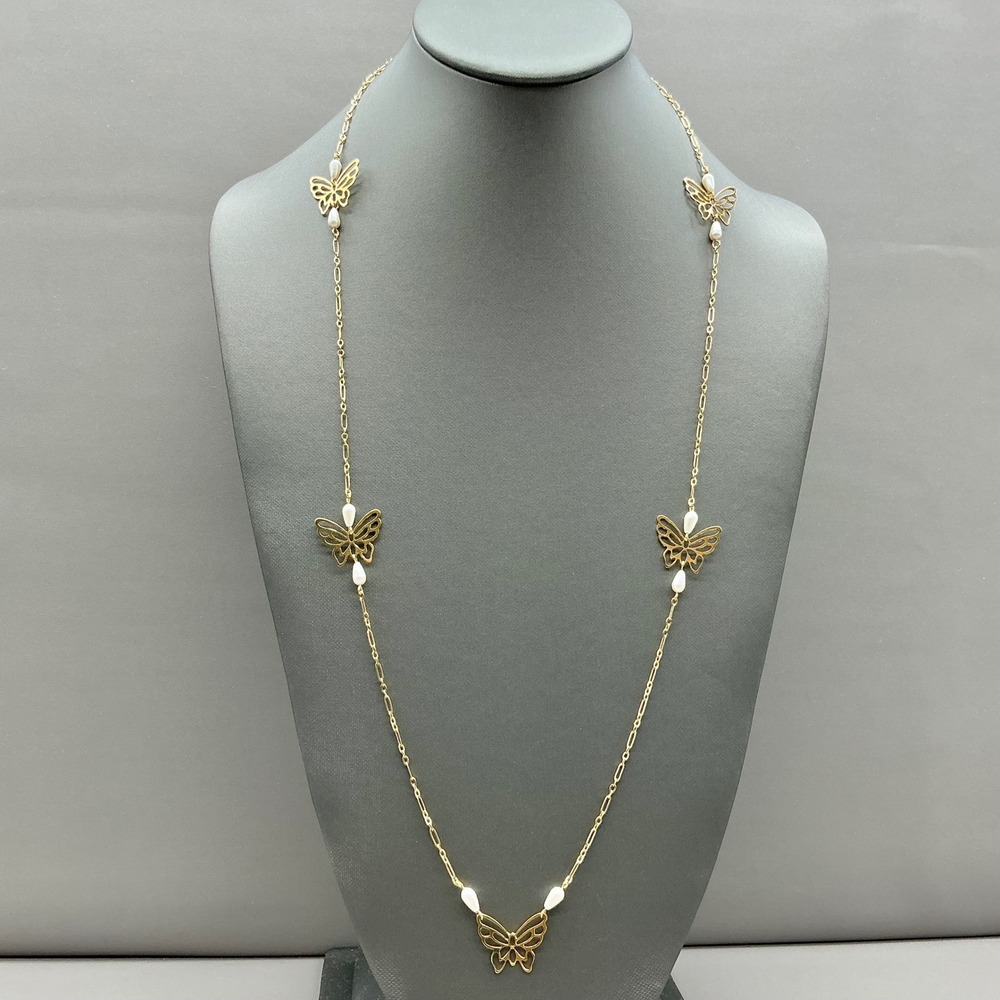 Necklace Womens Gold Tone Butterfly Faux Pearl Long Station Chain Jewelry 28"